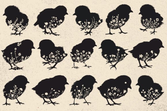 Floral Baby Chickens Silhouette SVG